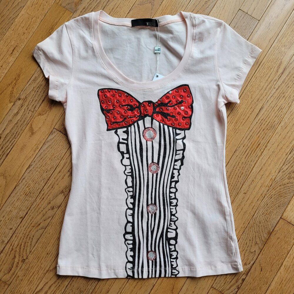 NWT Love Moschino Red Gem Tuxedo Sparkle Graphic Fitted T-shirt Pink